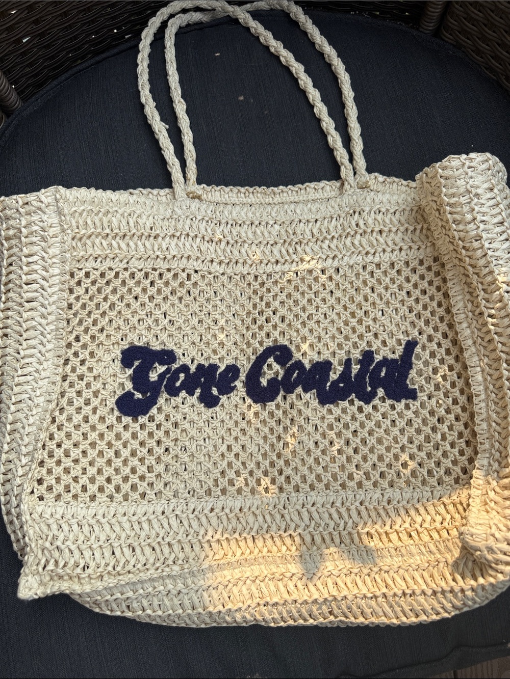 Woven Beach Tote in Natural with Navy Logo